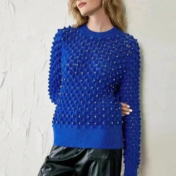 Blue Preppy Womens Solid Pointelle Knit Sweater - Picture 6 of 7